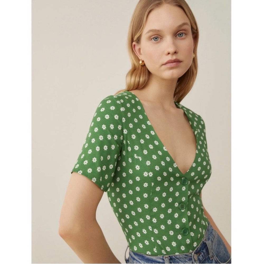 Reformation Emerald Floral V-Neck Blouse